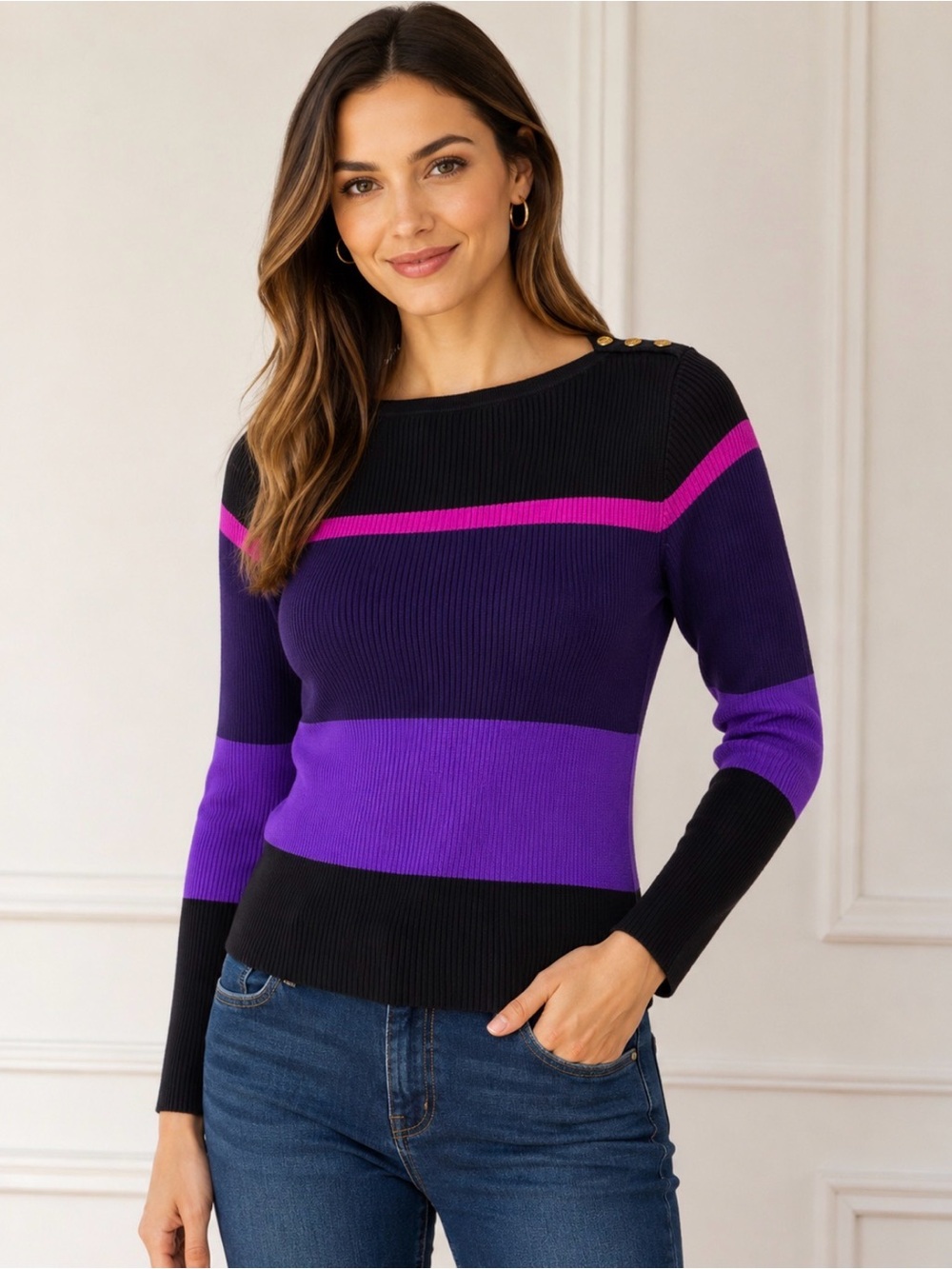 Lauren Ralph Lauren Ribbed Colorblock Sweater Women’s M Purple Black Gold Button